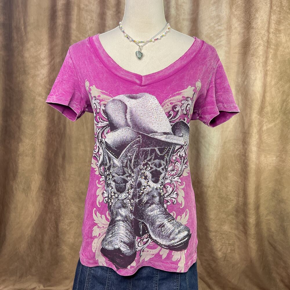 Y2K Cowgirl Rhinestone T-Shirt Fitted Ribbed Fuchsia Silver Indie Sleaze Western